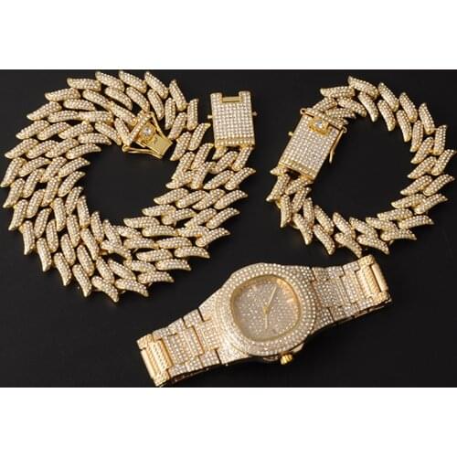 Hip Hop 19MM 3PCS Jewely Wet Watch Necklace Bracelet Bling AAA Iced Out Alloy Rhinestones Thorns Cuban Link Chains For Men Guys