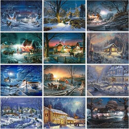 Full Drill 5D Diamond Painting Christmas Street Diamond Mosaic Winter Landscape Cross Stitch Art Picture Handicraft Home Decor