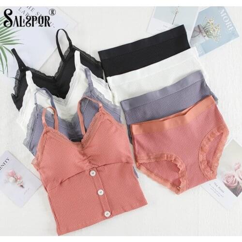 SALSPOR Women Lace Underwear Set Solid Crop Top Bra Wireless Spiral Pattern Padded Bras Push Up Soft Underwear Sets