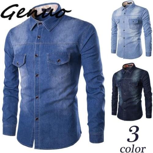 Fashion Mens Denim Shirt Long Sleeve Plus Size Cotton Jeans Cardigan Casual Slim Fit Shirts Men Two-pocket Tops Clothing M-6XL