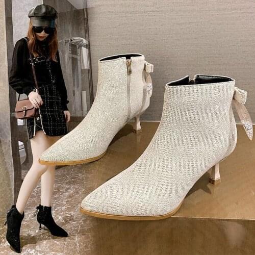Fashion Ankle Elastic Sock Boots Chunky High Heels Square 6 CM Stretch Women 2020 Autumn Sexy Booties Pointed Toe Women Martin