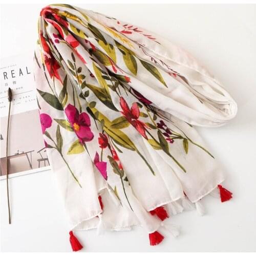 Fashion 2021 Luxury Brand White Floral Tassel Viscose Shawl Scarf Lady High Quality Wrap Pashmina Stole Bufanda Four Seasons