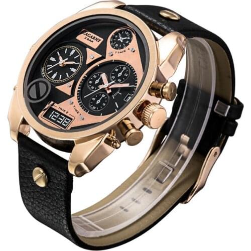 Cagarny Watch Men Quartz Watches Men Rose Gold Case Mens Wristwatches Leather Watchband Dual Time Zones Military Reloj Hombre