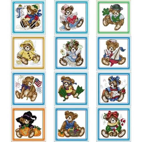12 cute bears cartoon animal pattern cross stitch kit 14ct 11ct count print canvas embroidery kit DIY embroidery home decoration