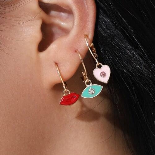 Aprilwell 3 PCs Gold Color Cute Hoop Earrings Sets Female 2021 Evil Eyes Lips Heart Pendant French Piercing Jewelry Gift Friend