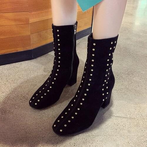 Okkdey 2020 autumn and winter new rivet fashion trend slim fashion boots high heel plus velvet warm short womens boots