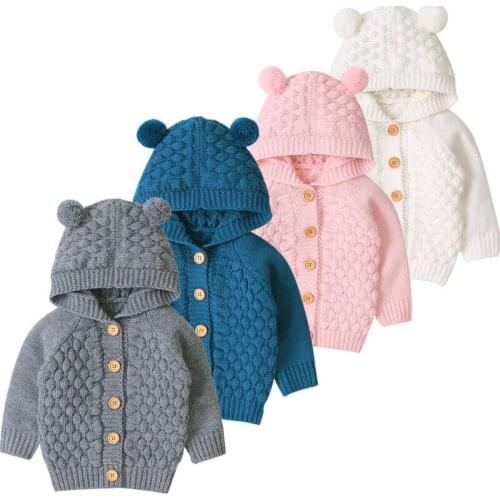 Infant Baby Girls Boys 3D Ears Long Seeve Hooded Knit Lovely Button Outwears Warm Coat Autumn Winter 0-24M Wool Ball