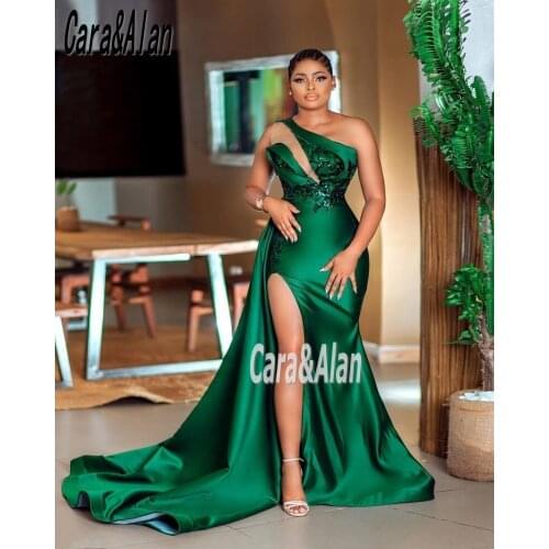 Hunter Green Evening Dresses 2021 One Shoudler High Side Split Aso Ebi Prom Dress Long Sweep Vestidos De Fiesta Party Gowns