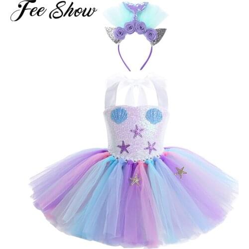 Girls Cartoon Cosplay Costumes Outfit Halter Neck Sparkly Sequins Mesh Tutu Dress with Hair Hoop for Halloween Carnival Dresses