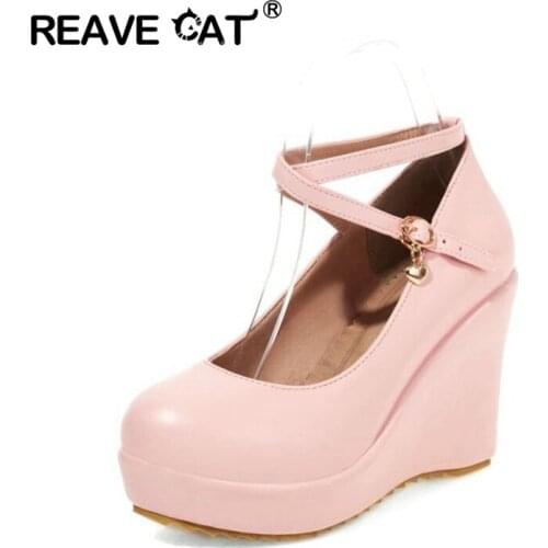 REAVE CAT Women New 2021 Nude shoes PU BuckleCasual Party Wedge Platform Heel Spring Autumn Green Plus size 33-43 A3959