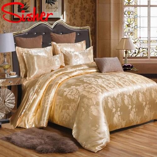 Luxury Jacquard Print Duvet Cover Sets Silk Bedding Set Nordic Brief Quilt Cover with Mattress Cover Fitted Bed Sheet Bedclothes