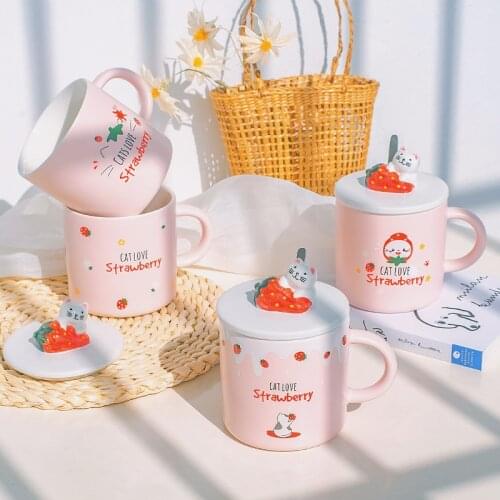 Cartoon Cute Cat Strawberry Coffee Ceramic Cup Girl Christmas Valentines Day Gift Mug Office Tea Cups Set with Lid and Spoon