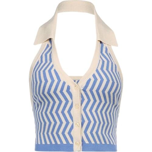 Sexy crop top women halter top Summer tank tops knitted tanks cami backless cropped top cute korean button up tops wave striped