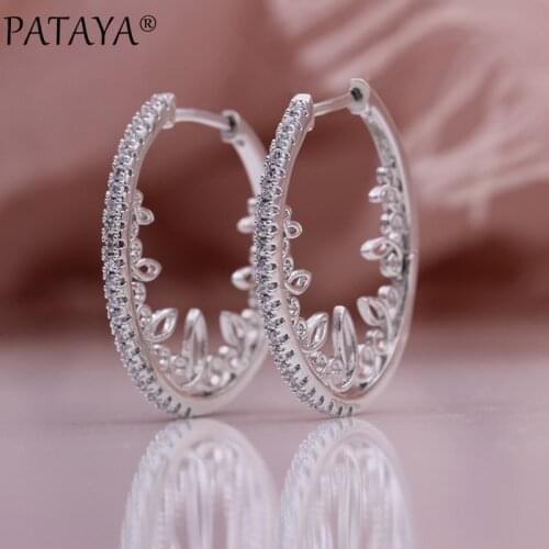 PATAYA New Hollow Lace Circle Drop Earrings 585 Rose Gold Women Party Fine Wedding Earrings White Natural Zircon Fashion Jewelry