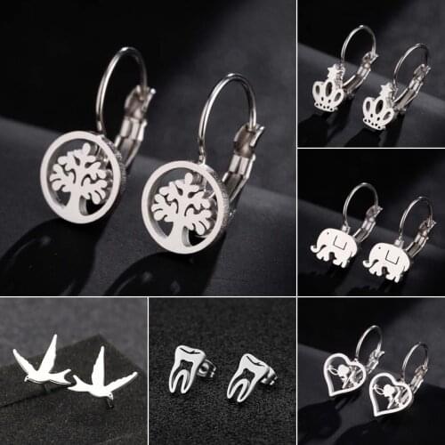 SMJEL Round Life of Tree Earrings Stainless Steel Tooth Stethoscope Christmas Crown Earings Jewelry 2019 Ear Studs Women Bijoux