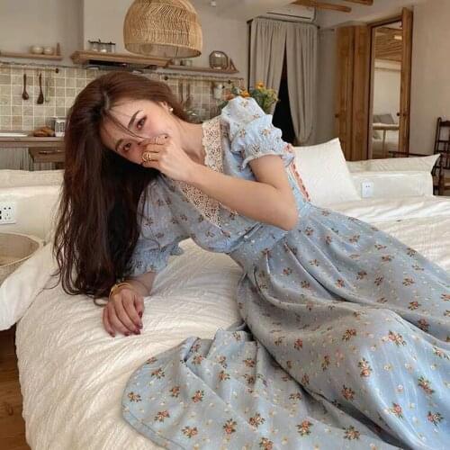 Vintage Floral Dress Women Elegant Lace Chiffon Korean Party Dress Puff Sleeve V Neck Midi Dress Fall Dresses for Women 2021