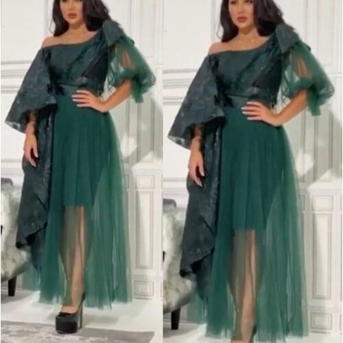 Green prom dresses 2020 one shoulder long sleeve sequins tulle long evening dresses formal dresses