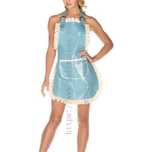 Womens sky blue maid latex apron with white ruffles decorations and what is made of 0.4mm natural & flexible latex materials