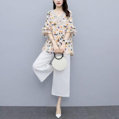 2021 Summer Womens 2Pcs Print V-neck Blouse+Pants Office Lady Two Pieces Set Casual Loose Fashion Tops And Trousers Sets