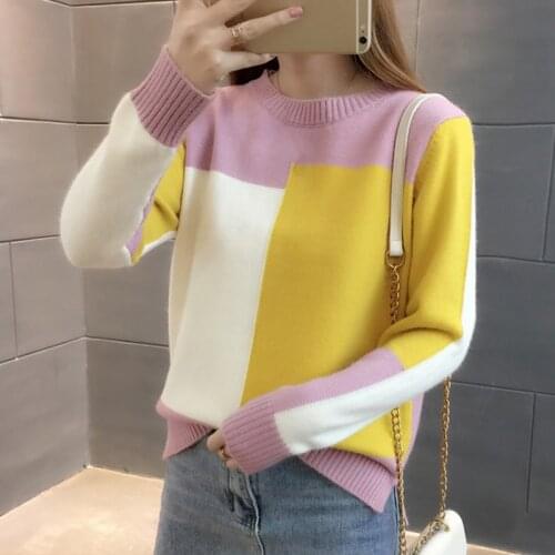 Women Winter Sweater Long Sleeve Patchwork Jumper Girls Korean Style Pullover Knitted Jumpers Pull Femme