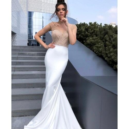 Vintage Long Beaded V-Neck Mermaid Wedding Dresses Button Back Stretchy Satin Court Train Robes De Mariée Bridal Gown For Women
