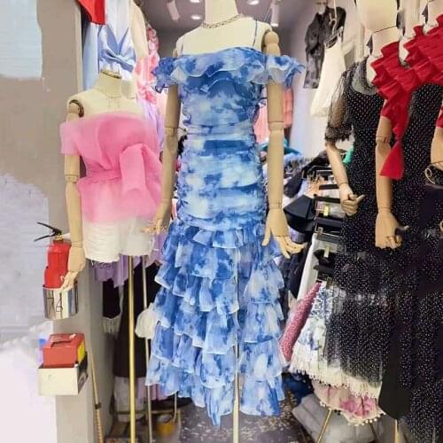 SeeBeautiful Tie Dye Printed Dress Slash Neck Stitching Ruffles Sexy Exposed Back High Split Woman Summer 2021 New Fashion E650