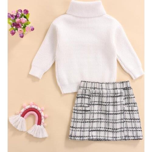 2Pcs Kids Casual Outfits Girls Solid Color Long Sleeve Turtleneck Sweater Tops Plaid Skirt with Buttons Winter Childrens Sets