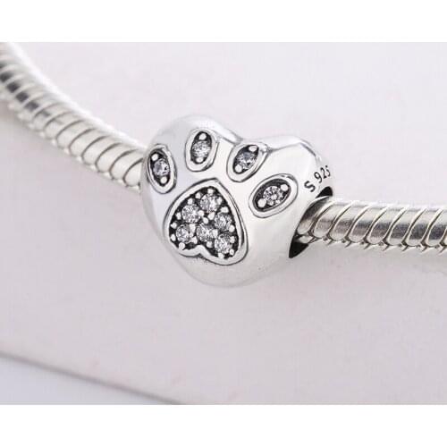 925 Sterling Silver Lovely And Loyal Puppy Paw Heart-Shaped Pet Bead Pendant Charm Bracelet Jewelry Making For Pandora