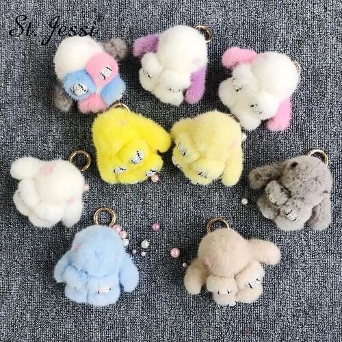 ST.Jessi 2019 New Crystal Style 10cm Mini Real Mink Fur Cute Bunny Rabbit Keychain Ladys Girls Bag Car Key ring Pompon Pendant