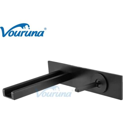 Vouruna Black Waterfall Basin Faucet Wall Mounted Square Style Bathroom Sink Mixer Tap Vessel Wall Basin Spout Set Chrome