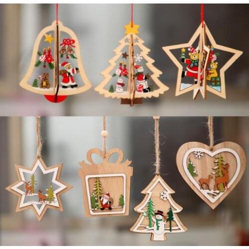 Wooden Christmas Tree Hanging Ornaments Decorations Deer snowman santa snowfake Pattern Pendants Home Garden Decor Crafts