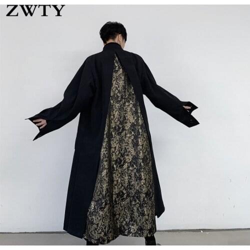 ZWTY Retro Long Windbreaker Mens Loose Handsome Over-The-Knee Coat Spring Autumn Personality Stitching Coat Overcoat