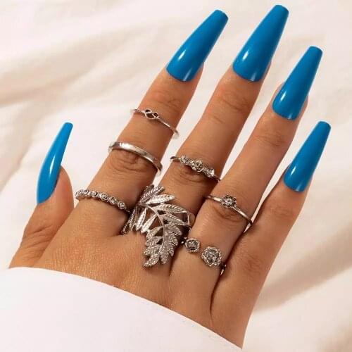 Docona 8pcs Fashion Crystal Flower Knuckle Rings Set for Women Silver Color Heart Leaves Open Finger Ring Female Jewelry Anillos