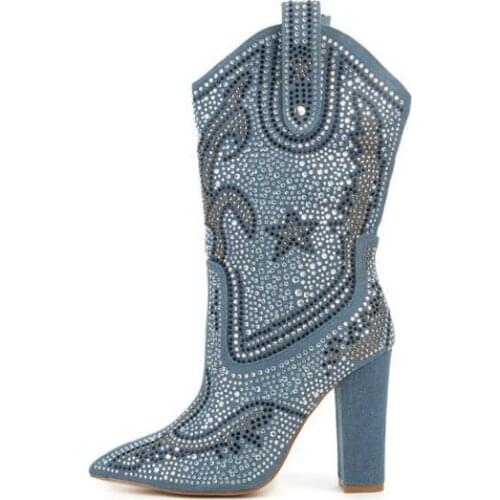Full Rhinestone Drilled Bling Multi Crystal Pentagram Denim Boots Pointed Toe Chunky Heels Martin Boots Zapatos Knight Boots