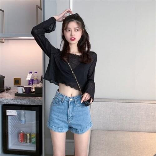 Y2k Top Shirts for Women Short Loose Long-sleeve Thin Sunscreen Small Shirt Bottoming Top Inner T-shirt White Graphic Tees