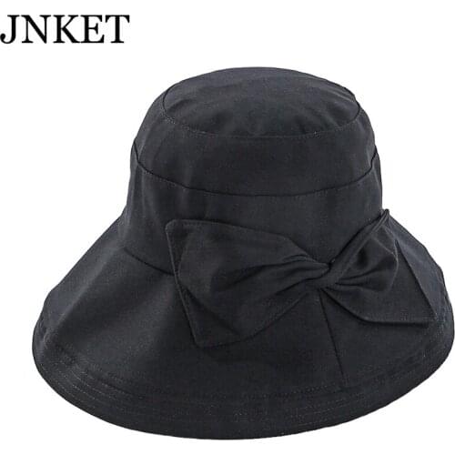 JNKET New Women Bowknot Fisherman Cap Cotton Hat Summer Hat Outdoor Travel Hat Foldable Cap Large Brim Hats Sunbonnet Chapeau