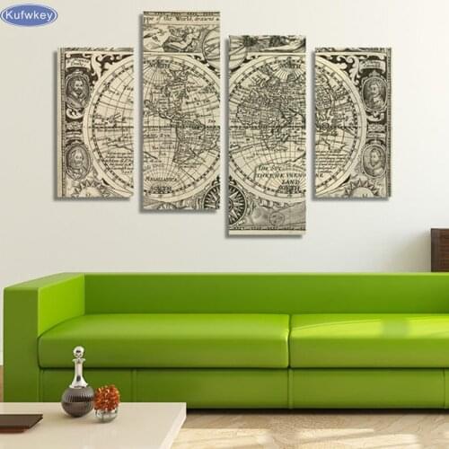 Retro World Map/set of 4 canvas,Diy Diamond Embroidery,Diamond Painting Cross Stitch,Full Square Diamond Mosaic picture gift
