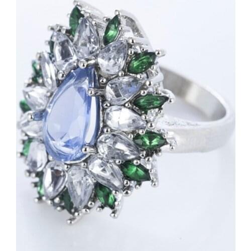 Fashion Silver Color Navy Blue Water Drop Crystal Zircon Rhinestone Female Ring for Women Wedding Engagement Jewelry