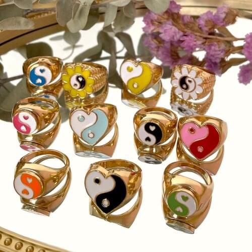 Fashion Golded Enamel Flower Yin Yang Chunky Rings for Women Drip Glaze Geometric Heart Round Ring Cute Girls Birthday Jewelry