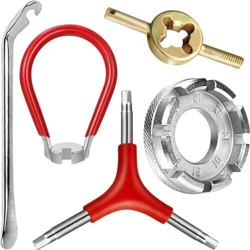 5 Pcs Bike Spoke Wrench Kit,Bicycle Wheel Wrench Spoke Tool Tyre Lever Valve Remover Forged Steel Bike Rim Correct Tool