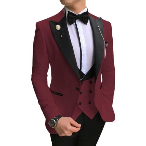 Brand New Men Suits Burgundy and Black Groom Tuxedos Peak Lapel Groomsmen Wedding 3 Pieces ( Jacket+Pants+Vest+Bow Tie ) D237