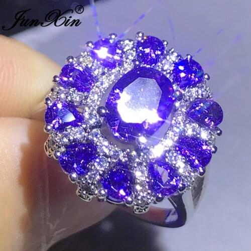 Luxury Female Purple Stone Pear Zircon Big Rings For Women Men Silver Color Oval Crystal Birthstone Wedding Bands New Year Gifts