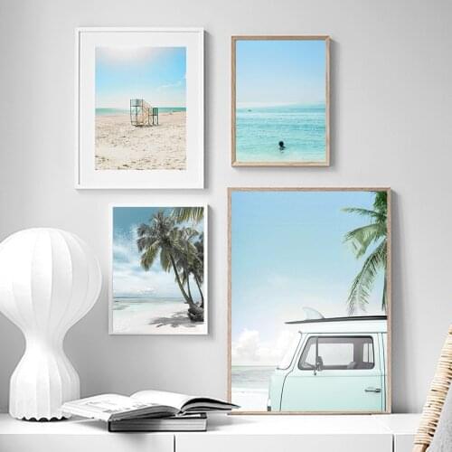 Blue Sea Beach pineapple Bus Coconut Tree Wave Nordic Posters And Prints Wall Art Canvas Painting Wall Pictures For Living Room