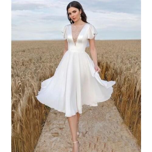 A-Line Wedding Dress Short Satin V-Neck Knee Length Short Sleeve Bridal gowns Stunning Brilliant Robe De Mariee White For Petite