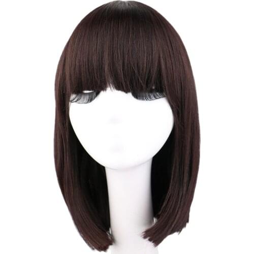 QQXCAIW Short Straight Natrual Wig Women Black Dark Brown Synthetic Hair Wigs