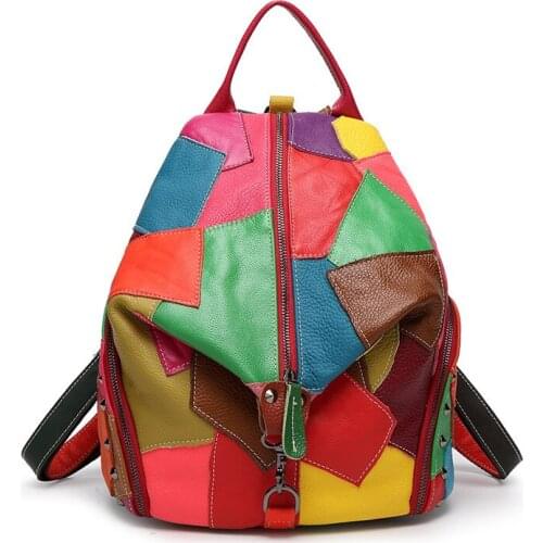 Backpack Female Leather 2021 New Multi-Color Stitching Trendy Ladies Easy To Take Fashion Casual Mini Girl Travel Large Capacity
