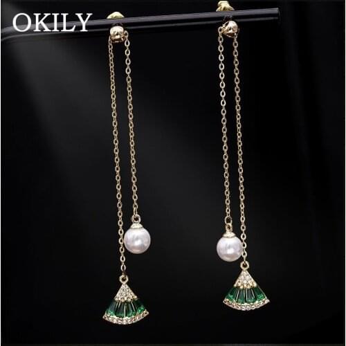 OKILY Trendy Simulated Pearl Long Dangle Earrings for Women OL Style Zircon Geometry Sector Drop Asymmetry Earring Party Jewelry