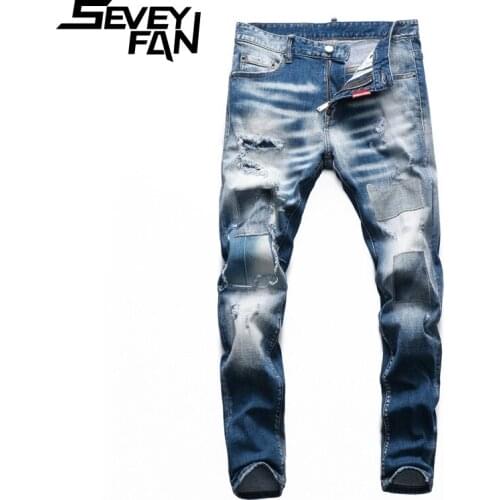 SEVEYFAN Mens Patchwork Ripped Jeans Nightclub Stretch Slim Pencil Denim Trousers Streetwear Hole Pants