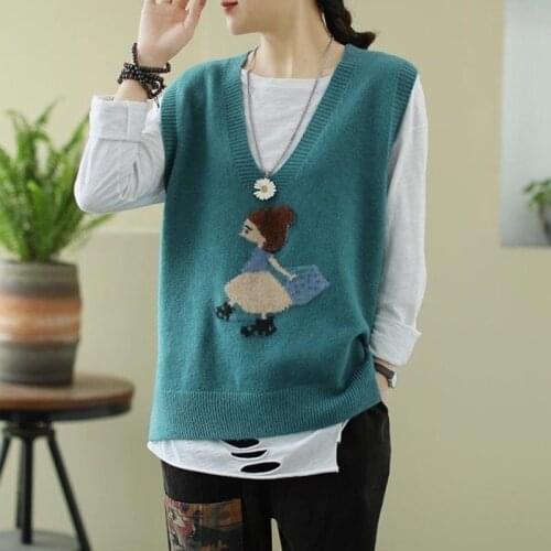 Sweater Vest Womens Sweater Spring Autumn Womens Vest Cartoon Girl Pattern Korean Fashion Knitted Top Vintage Clothes Chaleco
