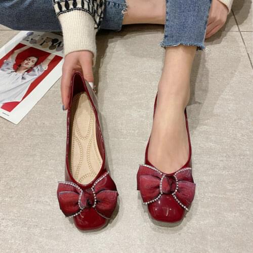 Fashion Womens Shoes Patent leather Butterfly Knot Square Toe Ballet Flats Women Shoes Spring Slip On Casual Femme Loafers